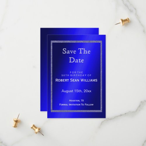 Masculine Blue  Glitter Frame 50th Birthday  Save The Date
