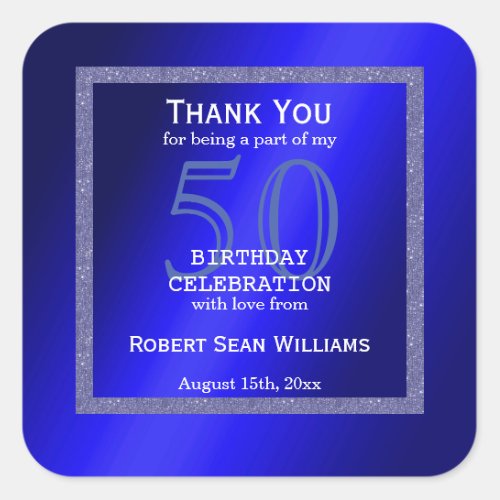 Masculine Blue  Glitter Frame 50th Birthday  Square Sticker