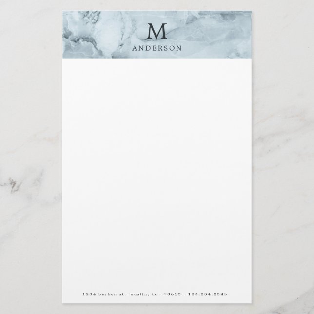 masculine blue marble monogram stationery (Front)