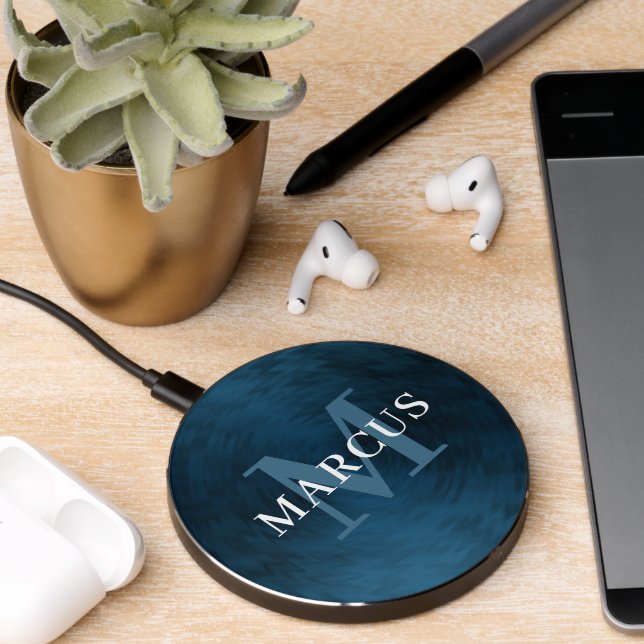 Masculine Blue Monogram Name Brushed Metal Wireless Charger (Desk 2)