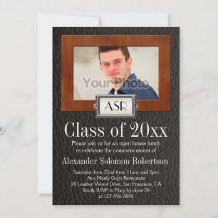 Masculine Boys Leather Wood Monogram Graduation Invitation