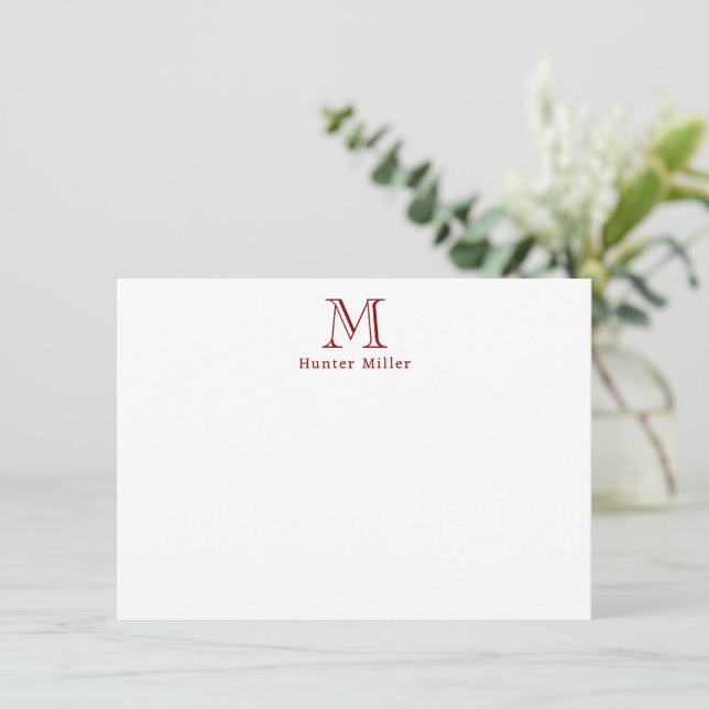 Masculine Brick Red Initial Monogram and Name Flat Note Card (Standing Front)