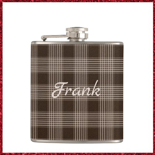 Masculine Brown and Beige Plaid Flask