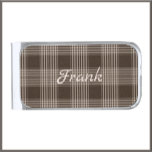 Masculine Brown and Beige Plaid Silver Finish Money Clip<br><div class="desc">Nice,  masculine brown and beige plaid money clip. Add your name to personalize. Nice gift for him!</div>