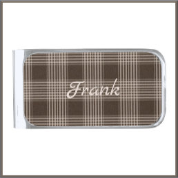 Masculine Brown and Beige Plaid Silver Finish Money Clip