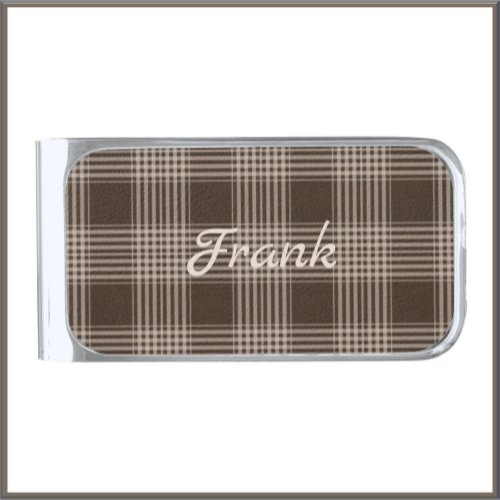 Masculine Brown and Beige Plaid Silver Finish Money Clip