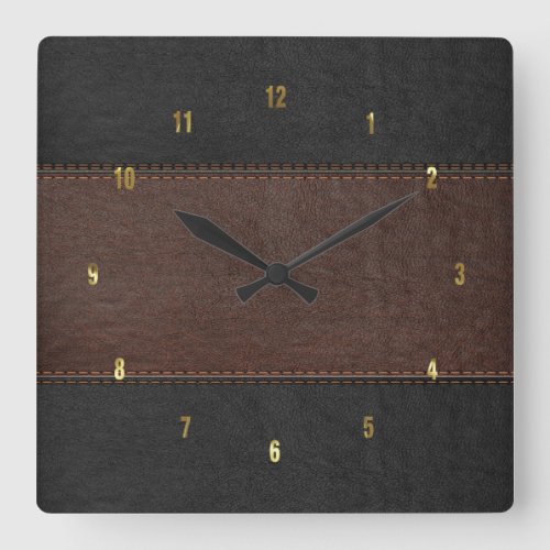 Masculine Brown  Black Stitched Leather Texture Square Wall Clock