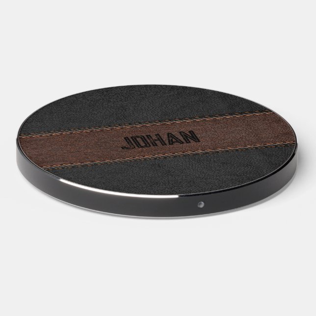 Masculine Brown & Black Stitched Leather Texture Wireless Charger (Front 2)
