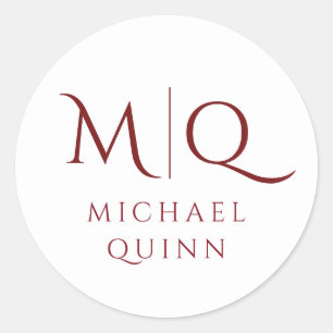 Masculine Burgundy Red Monogram Classic Round Sticker