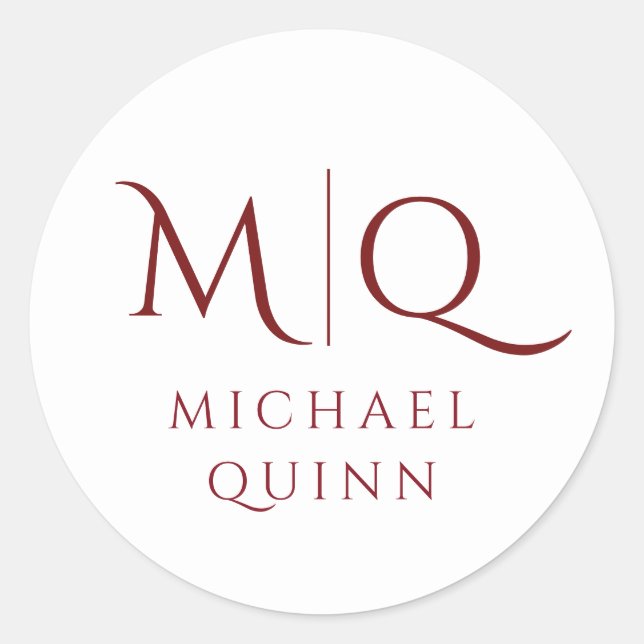 Masculine Burgundy Red Monogram Classic Round Sticker (Front)