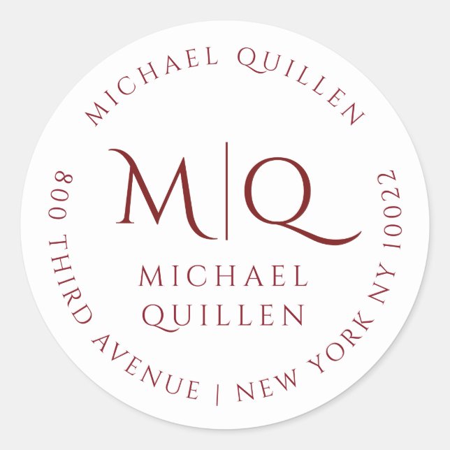 Masculine Burgundy Red Monogram Return Address Classic Round Sticker (Front)