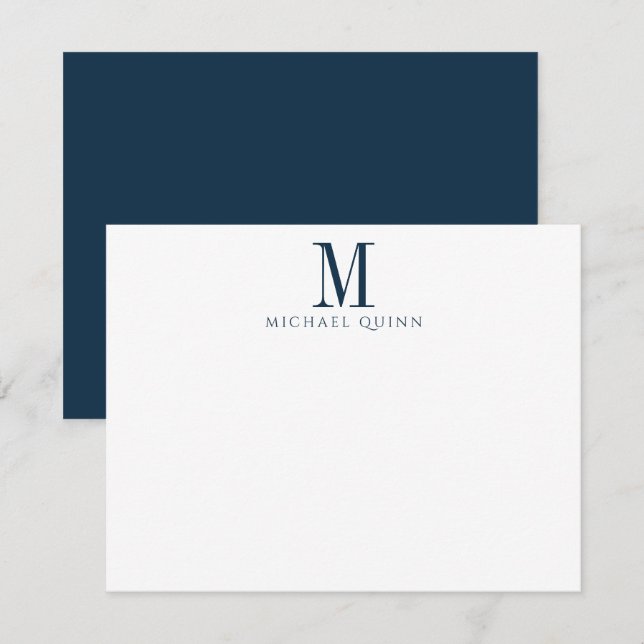 Masculine Business ProfessionaI Navy Blue Monogram Note Card (Front/Back)