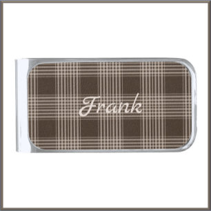 Masculine Classic Brown and Beige Plaid Silver Finish Money Clip