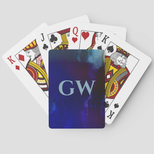 Masculine Dark Blue Abstract Monogram Poker Cards (Back)