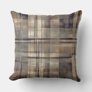 Masculine Dark Brown Warm Gray Rustic Plaid Print Throw Pillow
