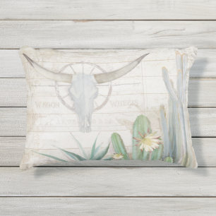 Masculine Decor Longhorn Cow Skull Wood Cactus Art Outdoor Pillow
