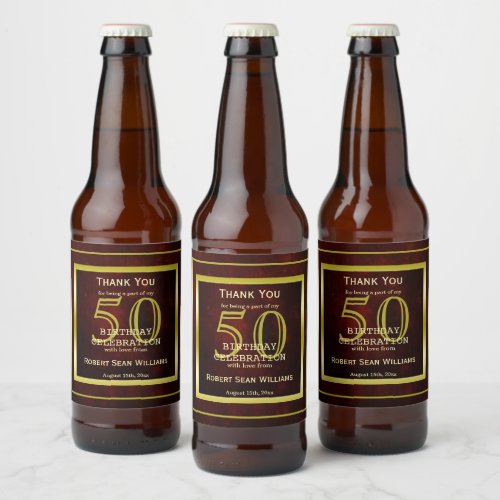 Masculine Double Gold Frame 50th Birthday   Beer Bottle Label