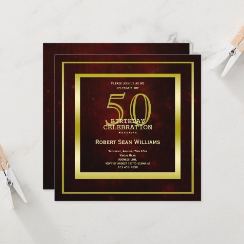 Masculine Double Gold Frame 50th Birthday Invitation