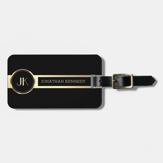 Masculine Executive Black & Gold monogram Luggage Tag (Front Horizontal)