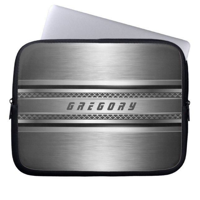 Masculine Faux Silver gray Stripes Design Laptop Sleeve (Front)