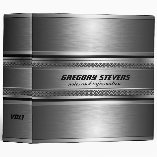 Masculine Faux Silver Stripes Design Monogramed 3 Ring Binder (Front/Spine)