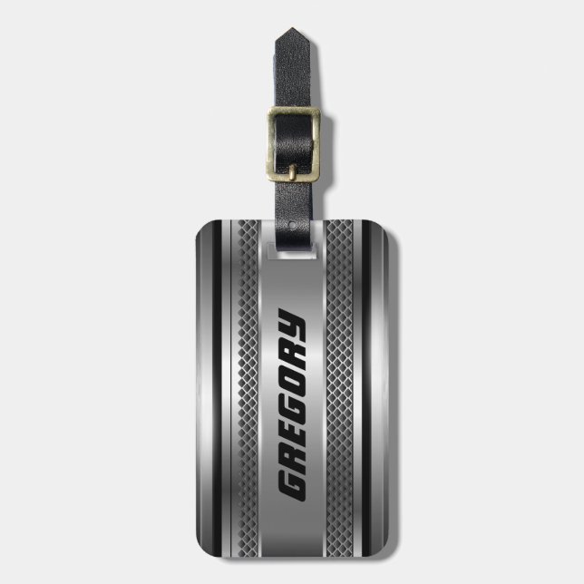 Masculine Faux Silver Stripes Design Monogramed Luggage Tag (Front Vertical)