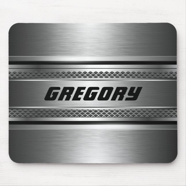 Masculine Faux Silver Stripes Design Monogramed Mouse Pad (Front)
