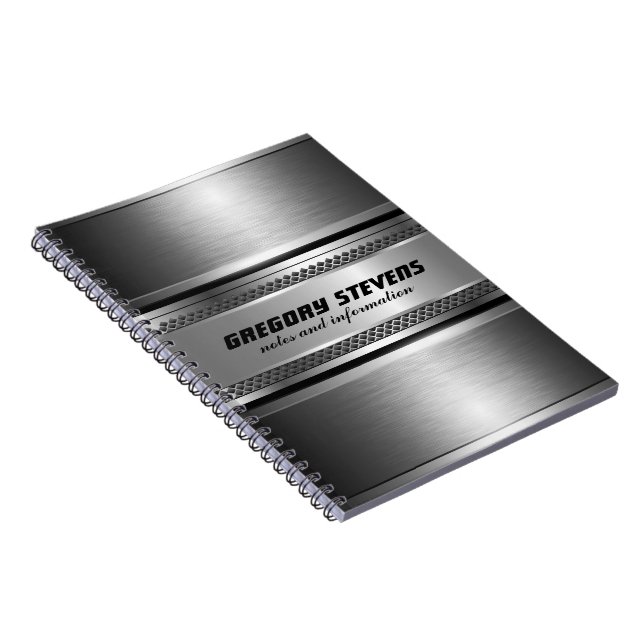 Masculine Faux Silver Stripes Design Monogramed Notebook (Right Side)