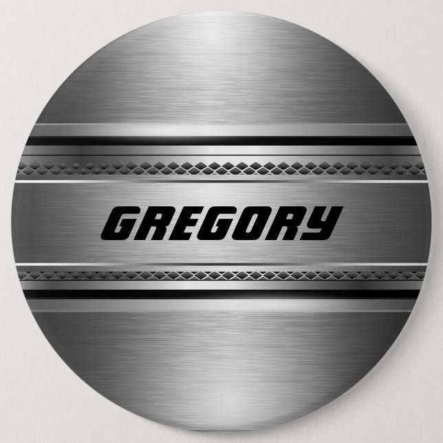 Masculine Faux Silver Stripes Design Monogramed Pinback Button (Front)