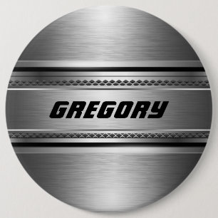 Masculine Faux Silver Stripes Design Monogramed Pinback Button