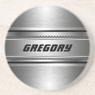 Masculine Faux Silver Stripes Design Monogramed Sandstone Coaster