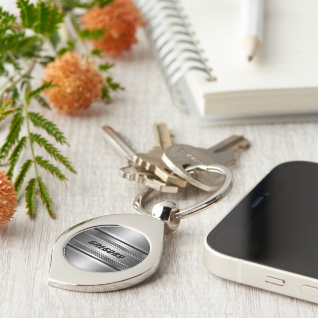 Masculine Faux Silver Stripes Pattern Keychain (Side)