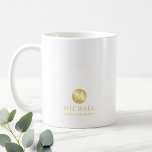 Masculine Gold Personalized Groomsmen Coffee Mug<br><div class="desc">Add a personal touch to your wedding with personalized groomsmen mug. This mug features monogram in gold circle element with name and title in gold professional font style. Also perfect for best man, father of the bride, ring bearer and more. Please Note : The foil details are simulated in the...</div>