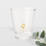 Masculine Gold Personalized Groomsmen Shot Glass<br><div class="desc">Add a personal touch to your wedding with personalized groomsmen shot glass. This shot glass features monogram in gold circle element with name and title in gold professional font style. Also perfect for best man, father of the bride, ring bearer and more. Please Note : The foil details are simulated...</div>