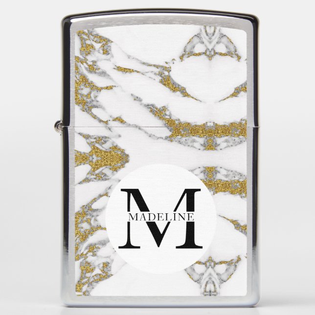 Masculine Gold & White Marble Monogrammed Zippo Lighter (Front)