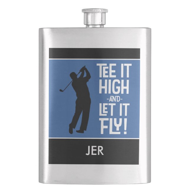 Masculine Golf Tee Quote Cute Monogram Black Blue Flask (Front)