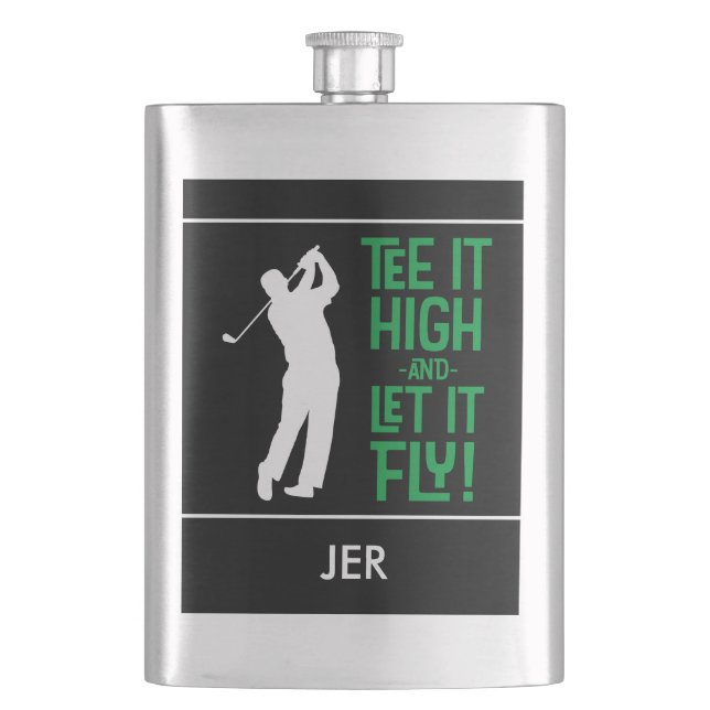 Masculine Golf Tee Quote Cute Monogram Black Green Flask (Front)