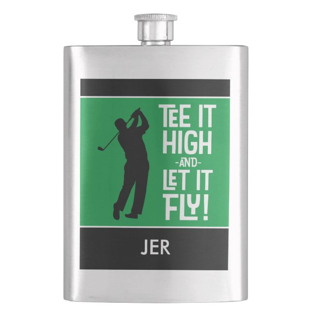 Masculine Golfer Tee Quote Monogrammed Black Green Flask (Front)