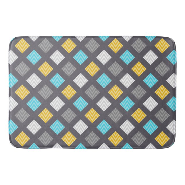 Masculine Gray Blue Yellow Geometric Pattern Bathroom Mat (Front)