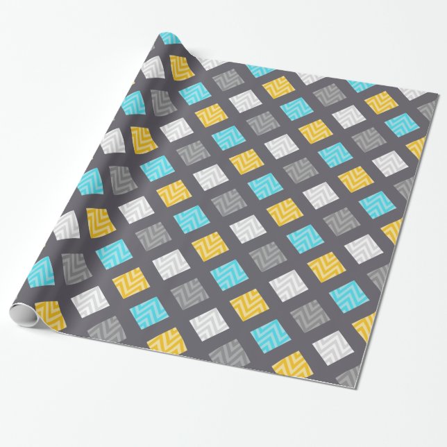 Masculine Gray Blue Yellow Geometric Pattern Wrapping Paper (Unrolled)