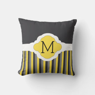Masculine Gray & Yellow Stripes Pattern Monogram Throw Pillow