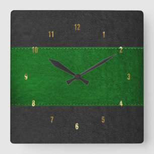 Masculine Green & Black Stitched Leather Texture Square Wall Clock