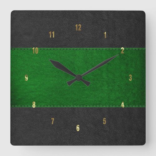 Masculine Green  Black Stitched Leather Texture Square Wall Clock