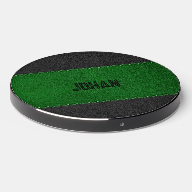 Masculine Green & Black Stitched Leather Texture Wireless Charger (Front 2)