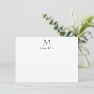 Masculine Green Initial Monogram and Name Flat Note Card