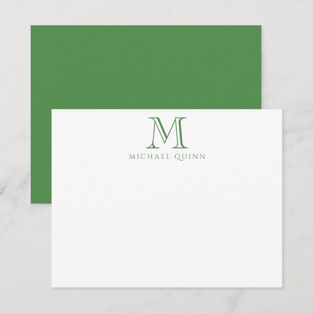 Masculine Green Initials Name Monogram Note Card (Front/Back)