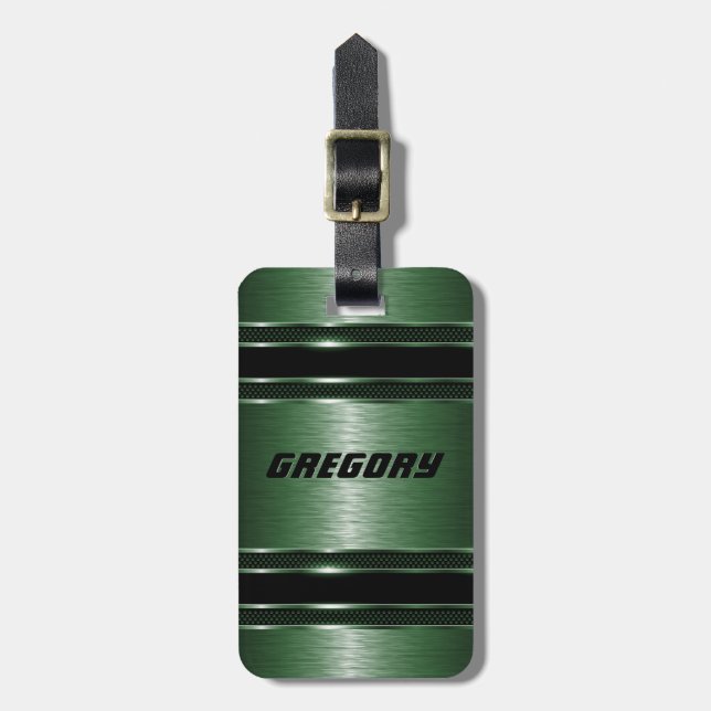 Masculine Green Modern Faux Metallic Stripes Luggage Tag (Front Vertical)