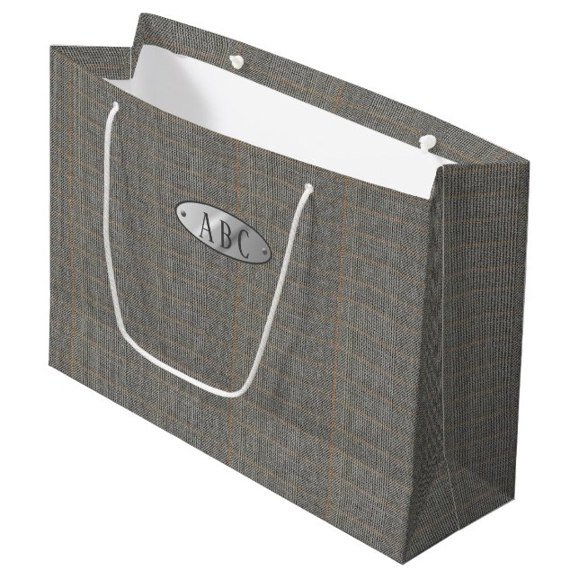 Masculine Grey Tweed Monogrammed Giftbag Man Large Gift Bag (Front Angled)