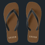 Masculine Groom Flip Flops Custom Colors<br><div class="desc">Customizable "brown" with beige "groom" editable text. Great for anyone in the wedding party or simply put your name in the template. Click "Customize It" and use the swatches on the right to change the background color. The eyedropper tool gives you even more swatches, and "advanced" link opens the entire...</div>