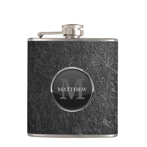 Masculine Grunge Slate Rock Design Name Monogram Flask